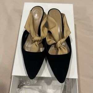 The Row Black and Tan Mules with Bow Detail